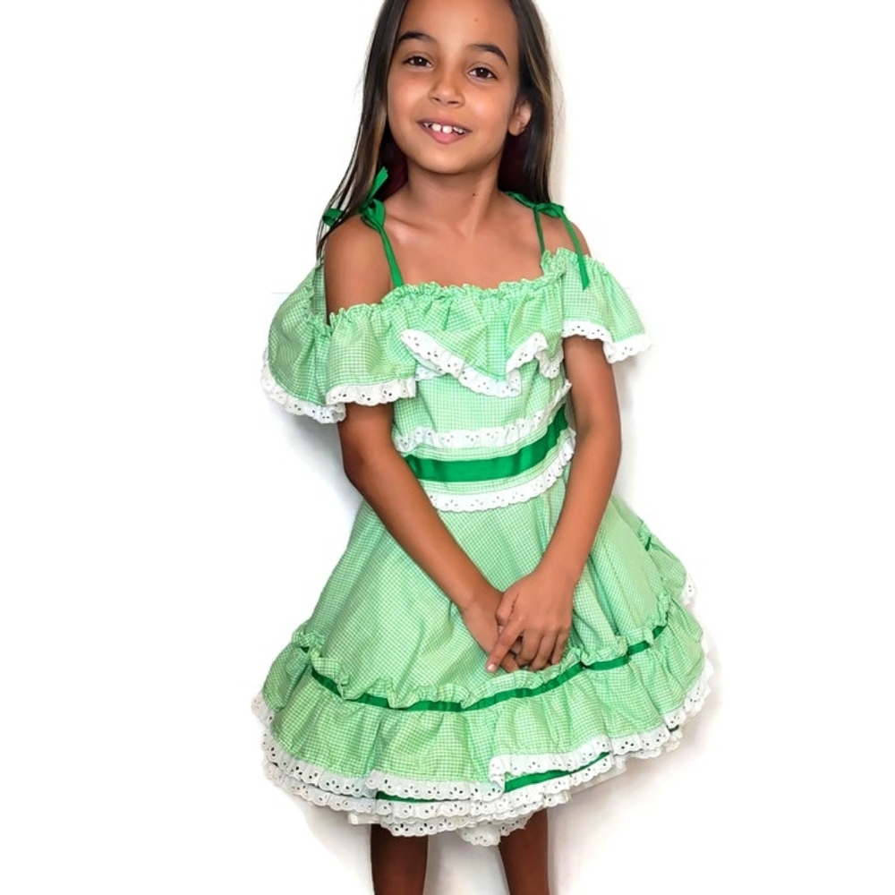 Puffy checkard green off the shoulder dress